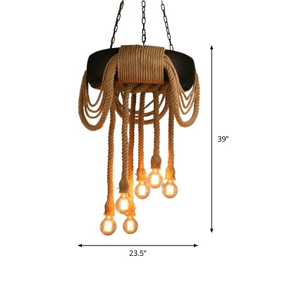 Industrial Tyre Pendant Chandelier 6-Bulb Rubber Hanging Light with Hemp Rope in Brown