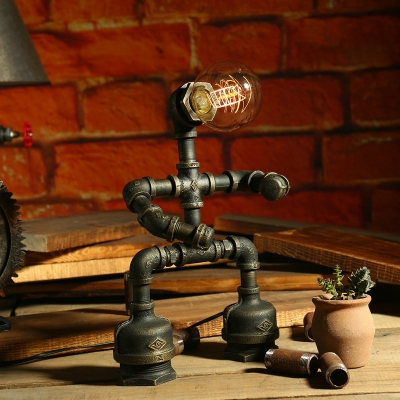 Iron Pipe Robot Table Light Rustic Single-Bulb Bedroom Nightstand Lighting in Bronze