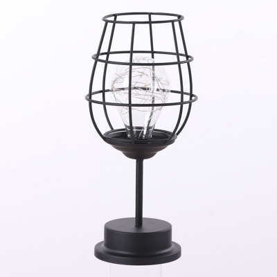 Iron Wire Cage LED Table Lamp Decorative 1-Bulb Black Battery Nightstand Light for Bedroom