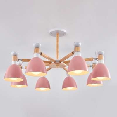 Living Room Ceiling Chandelier Macaron Wood Suspension Light with Bell Metal Shade