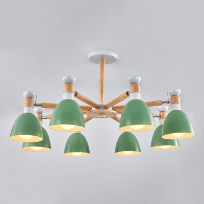 Living Room Ceiling Chandelier Macaron Wood Suspension Light with Bell Metal Shade
