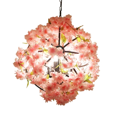 Loft Style Globe Chandelier Metallic Ceiling Pendant Light with Cherry Deco in Pink