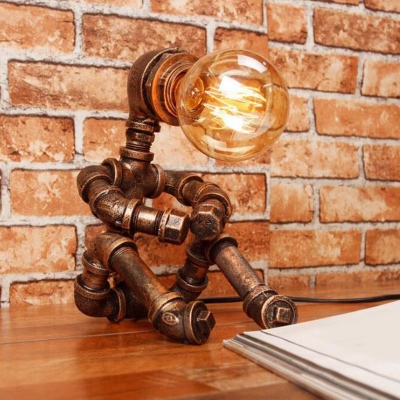 Metal Pipe Man Mini Table Lamp Cyberpunk Single-Bulb Bedroom Night Light in Bronze