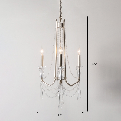 Nickel Finish Candle Chandelier Minimalist Metal Bedroom Hanging Light with Crystal Accents