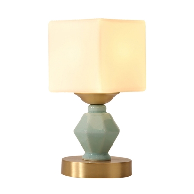 Opal Glass Cube Table Light Classic 1 Head Living Room Nightstand Lamp in Light Green