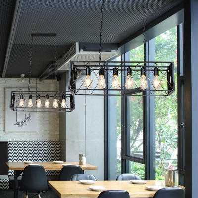 Rectangle Island Light Fixture Industrial-Style Black Metal Hanging Ceiling Light for Restaurant