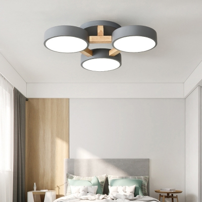 Round Bedroom LED Semi Mount Lighting Metal Nordic Ceiling Light with Wooden Arm