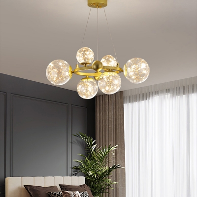 Round Living Room Chandelier Light Clear Handblown Glass Simplicity LED Pendant Light Fixture in Gold