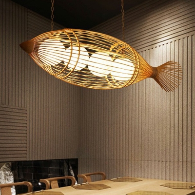 Rustic 3-Light Island Lighting Fish Shaped Pendant Light Fixture with Bamboo Shade