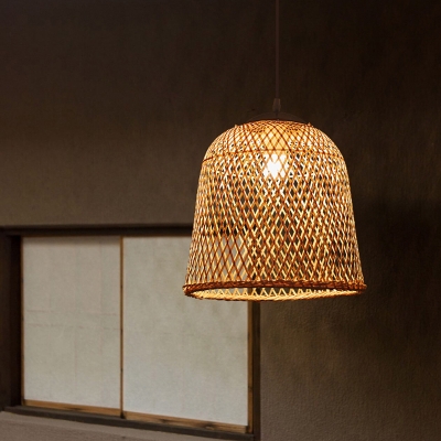 Simplicity Bell Shade Suspension Light Bamboo 1-Light Restaurant Pendant Light Fixture in Wood