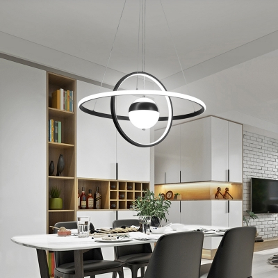 Simplicity Ringed Planet LED Chandelier Acrylic Dining Room Hanging Light Kit in Black
