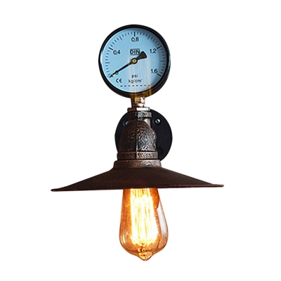 Single Wall Mount Light Industrial Cone Iron Wall Light Fixture with Pressure Gauge in Rust