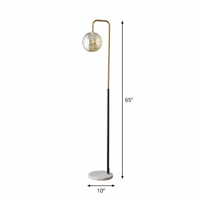 Spherical Amber Glass Floor Light Postmodern 1-Light Black-Brass Standing Light with Marble Base