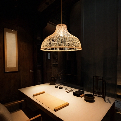Straw Hat Suspension Light Simplicity Rattan 1-Light Restaurant Pendant Light Fixture in Wood