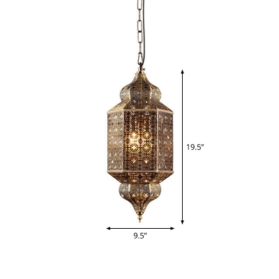 Turkish Lantern Hollowed-out Pendant Lighting Single-Bulb Metal Hanging Lamp in Bronze