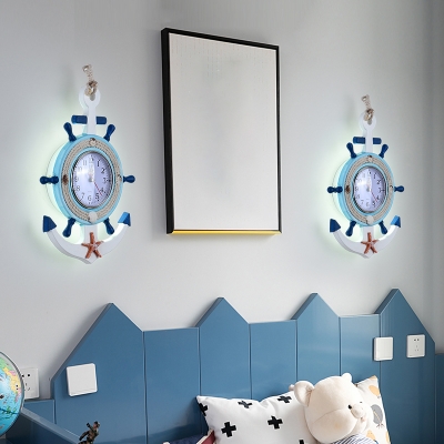 Wooden Rudder LED Sconce Fixture Mediterranean Blue and White Wall Light for Kids Room