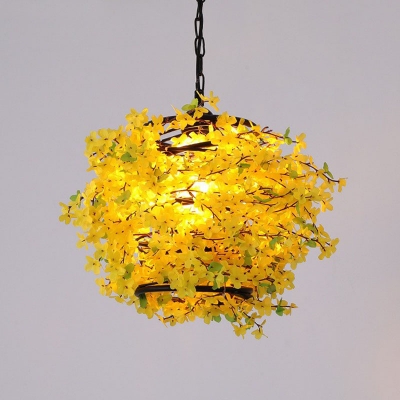 Yellow Flower Plant Pendant Lighting Rustic Metal 1-Bulb Restaurant Hanging Lamp