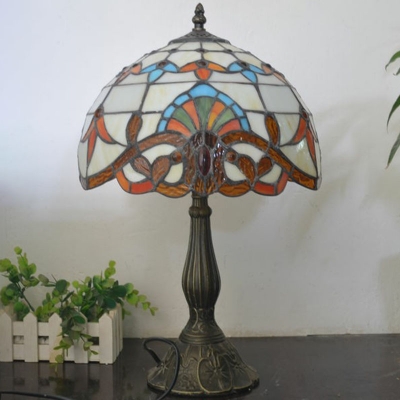 2-Light Dome Table Lamp Tiffany Antique-Gold Stained Glass Nightstand Light with Pull Chain