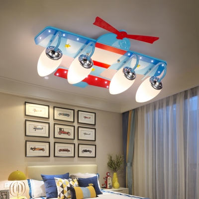 Aircraft Wooden Ceiling Fixture Kids 4-Head Blue Flush Mount Light for Boys Room
