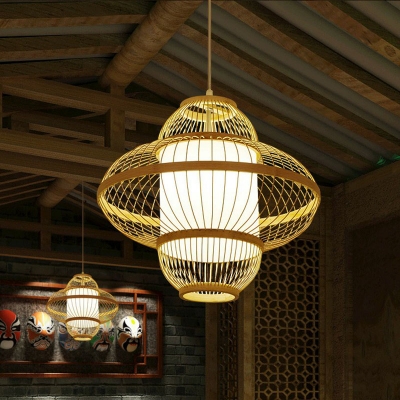 Asian Lantern Ceiling Pendant Lamp Bamboo 1 Bulb Restaurant Hanging Light in Wood