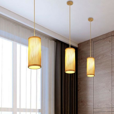 Bamboo Cage Pendulum Light Asian Single Wood Suspension Lighting for Dining Room