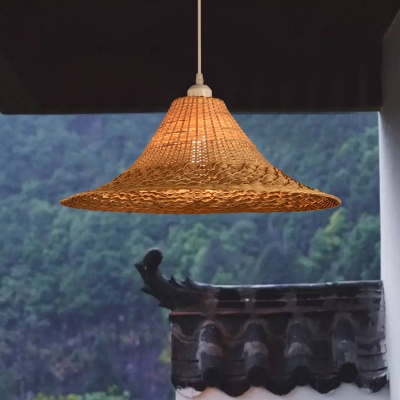 Bamboo Hat Shaped Suspension Lighting Minimalist 1 Head Wood Pendant Ceiling Light