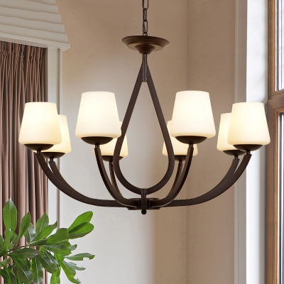 Black Arcs Style Chandelier Country Metal Dining Room Hanging Light with Tapered White Glass Shade