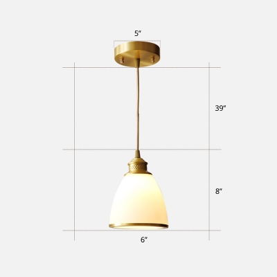 Brass Bell Shaped Pendant Light Minimalist Ivory Glass Single Dining Room Down Lighting