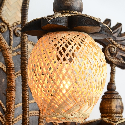 Brown Sconce Lighting South-East Asia Wooden Elephant Wall Lamp with Oval Rattan Shade