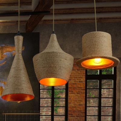 Brown Top-Hat Suspension Pendant Country Hemp Rope 1-Light Restaurant Hanging Light