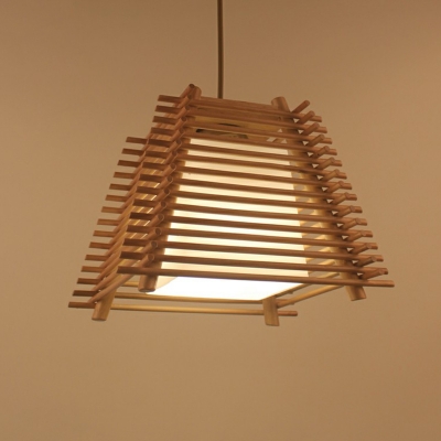Brown Trapezoid Pendulum Light Asian 1-Head Wooden Pendant Light with Fabric Shade Inside
