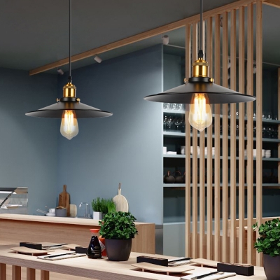 Cone Iron Pendant Light Loft Style Single-Bulb Dining Room Hanging Light Fixture in Black