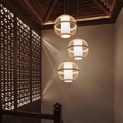 Curved Drum Bamboo Suspension Light Simplicity 1-Light Wood Pendant Light Fixture for Tea Room