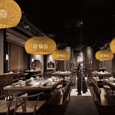 Dome Shaped Restaurant Chandelier Rattan 3 Bulbs Asian Style Ceiling Pendant Light