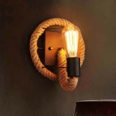 Farmhouse Loop Shaped Wall Lamp Fixture 1 Head Hand-Wrapped Rope Sconce Light in Black