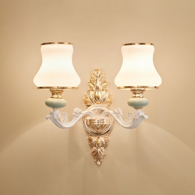 Flared Bedroom Wall Mount Lighting Traditional White Glass Wall Lamp Fixture with Ceramic Accent