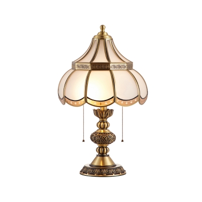 Floral Bedroom Night Lamp Vintage Frosted Glass 2-Head Brass Table Light with Pull Chain