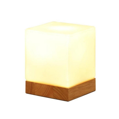 Frosted White Glass Cube Night Light Simple 1-Light Table Lighting with Wooden Base