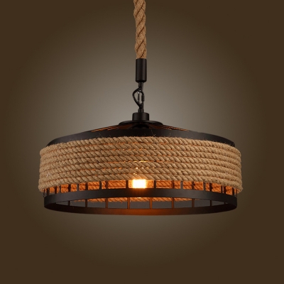 Handmade Rope Drum Pendulum Light Industrial 1 Bulb Bistro Ceiling Pendant with Cage in Black
