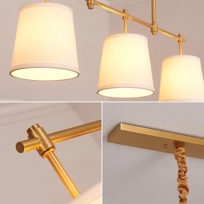 Linear Dining Room Island Lamp Simplicity Metal 3-Light Brass Pendant with Tapered Fabric Shade