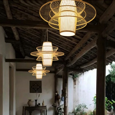 Lotus-Like Terrace Hanging Light Bamboo 1 Bulb Modern Style Suspension Lighting in Wood