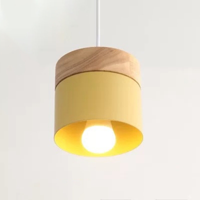 Macaron Cylindrical Down Lighting Pendant Metal 1 Head Dining Room Hanging Light with Wood Top