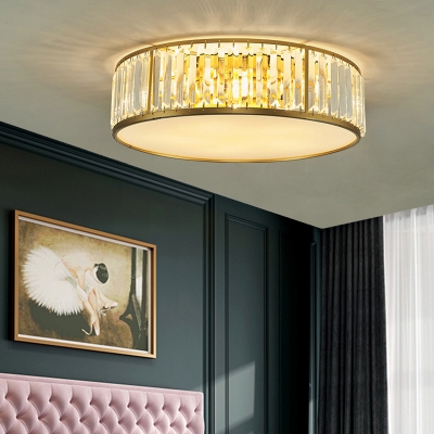 Minimalist Flushmount Ceiling Lamp Gold Drum Shaped Flush Light with Crystal Shade for Bedroom
