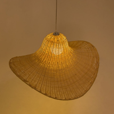 Modern Floppy Hat Shaped Pendant Bamboo 1-Light Restaurant Hanging Light Fixture in Wood