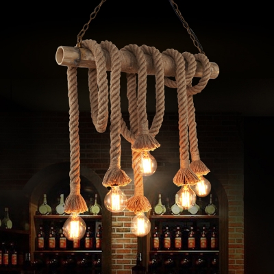 Natural Rope Flaxen Island Pendant Light Linear Farmhouse Ceiling Suspension Lamp