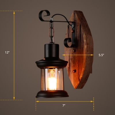 Nautical Lantern Wall Sconce Single Clear Glass Wall Mount Light with Oval Wooden Backplate
