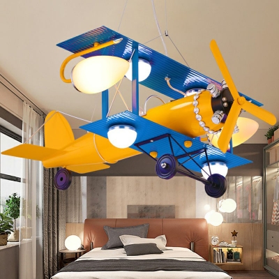 Propeller Biplane Metal Pendant Light Childrens 7-Bulb Yellow and Blue Chandelier