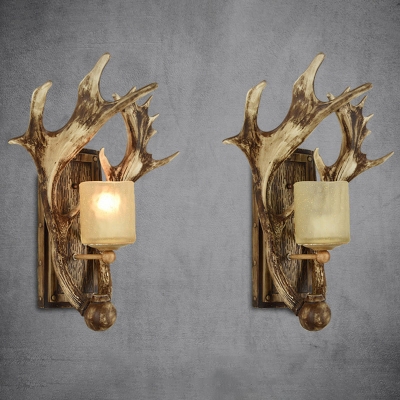 Resin Brown Wall Sconce Lighting Antler 1 Head Rustic Wall Mount Light with Cylinder Frosted Glass Shade