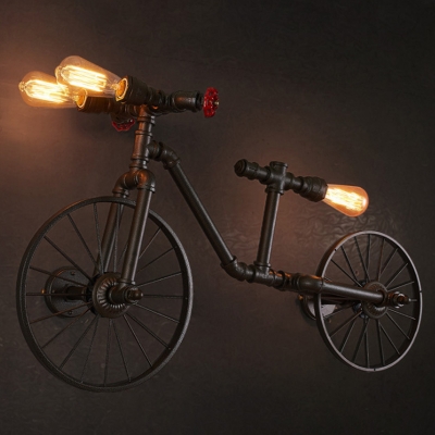 Steampunk Bike Shaped Pipe Pendant Lamp 3 Bulbs Metal Hanging Island Light in Black