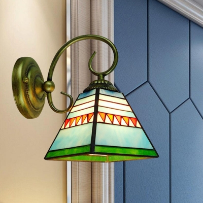 Tiffany Tapered Wall Lamp 1 Head Stained Art Glass Wall Sconce in Antique Brass for Corridor